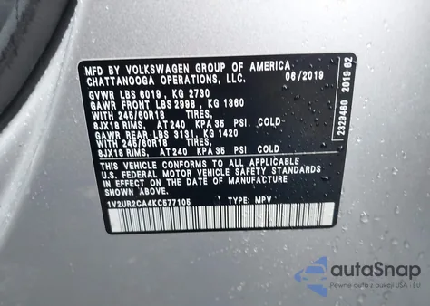 2019 Volkswagen Atlas 3.6L V6 Se W/Technology from USA, damaged, VIN 1V2UR2CA4KC577105